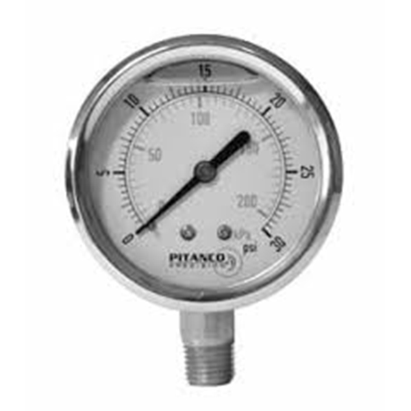 Manomètre industriel à glycérine 0-100 psi - Dia  2-1/2" - Racc 1/4" nptm au bas - Inox 304
