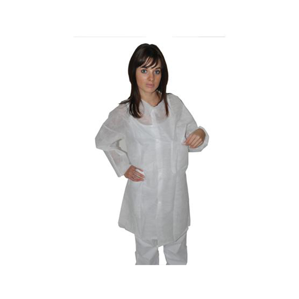 Blouse pp blanche 40 grs/m² - 2 poches  - col, poignets élastiqués - fermeture boutons pressions -t.4 - 50 par boîte