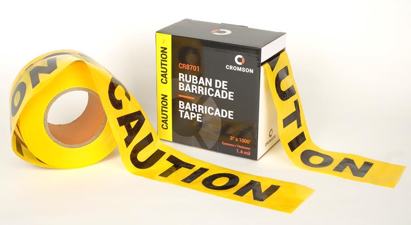 CR8701 Barricade tape with dispenser box, 1,4 mils thick, 3 in x 1000 ft, CAUTION, yellow