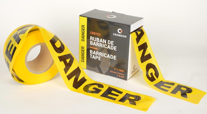 Barricade tape with dispenser box, 1,4 mils thick, 3 in x 1000 ft, DANGER, yellow