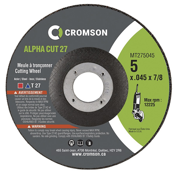 MT274545 Type 27 Cutting Wheels ALPHA CUT 27 4-1/2 x .045 x 7/8" Max rpm : 13580 - Unit price / Sold in pack of 25
